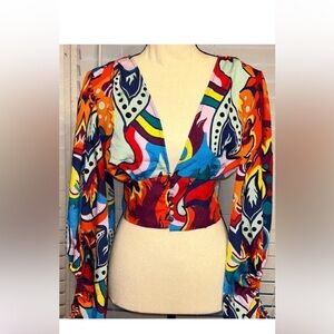 Love By Design Orange Red Graphic Crop Blouse